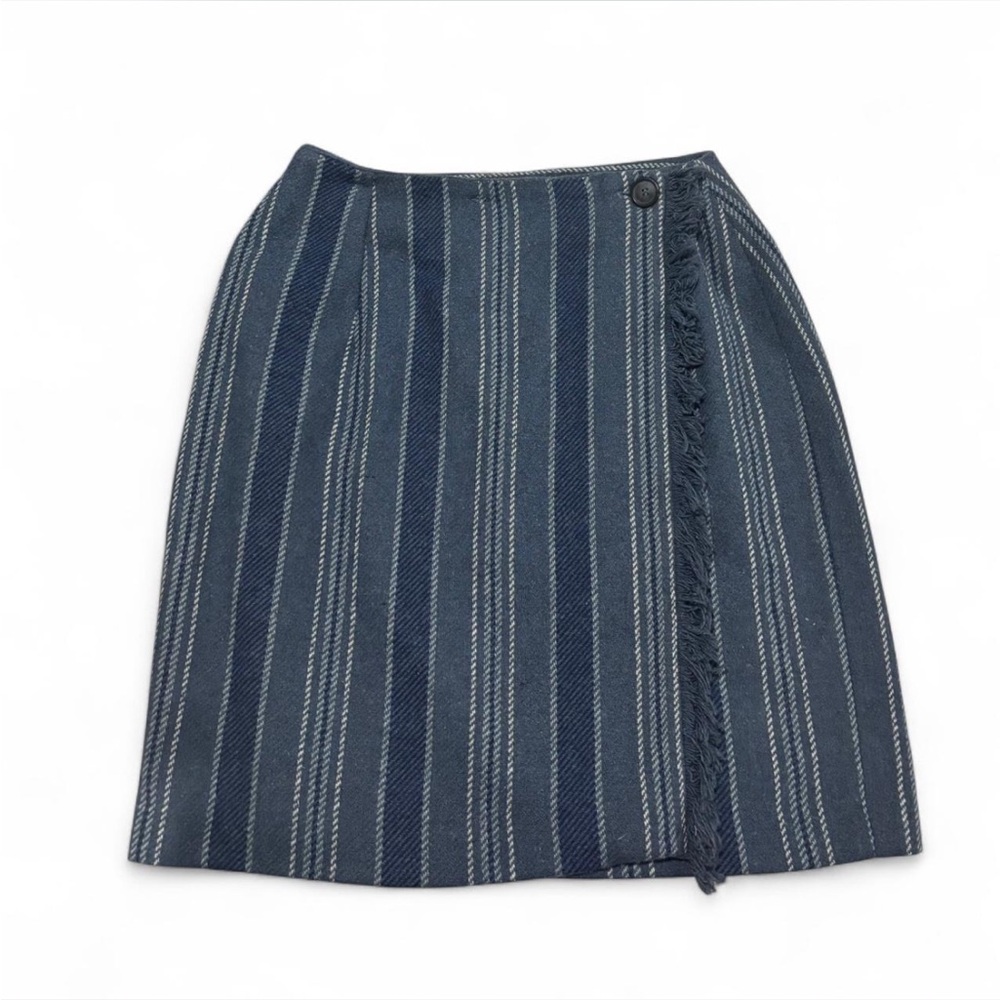 The limited Striped Mini‎ Skirt Blue Gray Fringe Trim Casual Modern Stylish